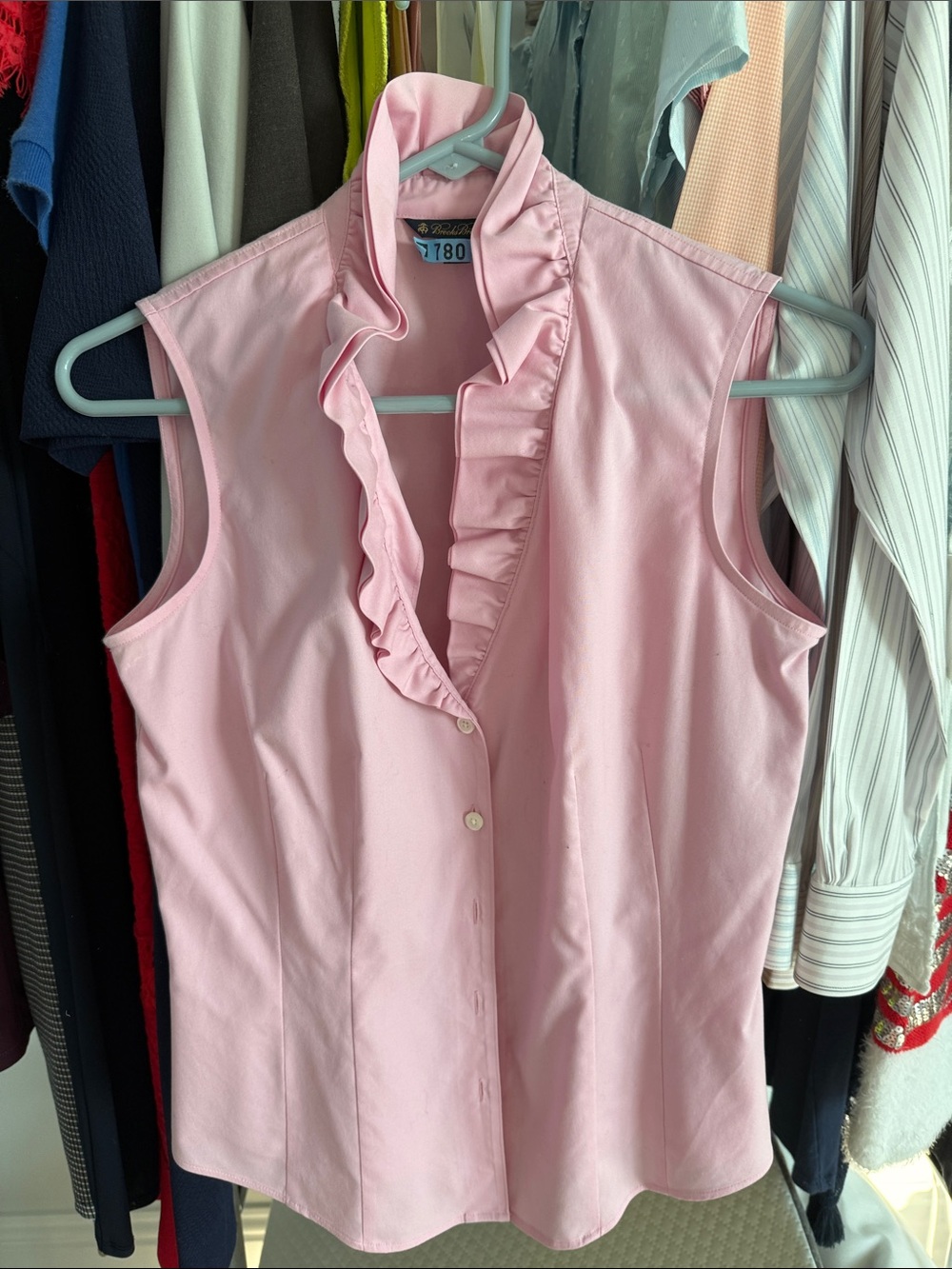 Brooks Brothers Sleeveless Ruffle-Trim Pink Button Front Blouse